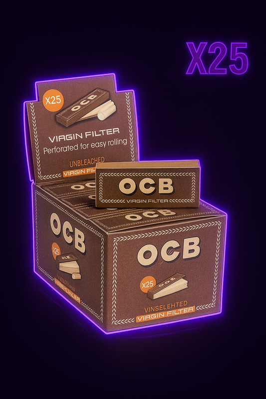 Filtres Carton OCB Virgin – Display 25 carnets (carton non blanchi, perforés)