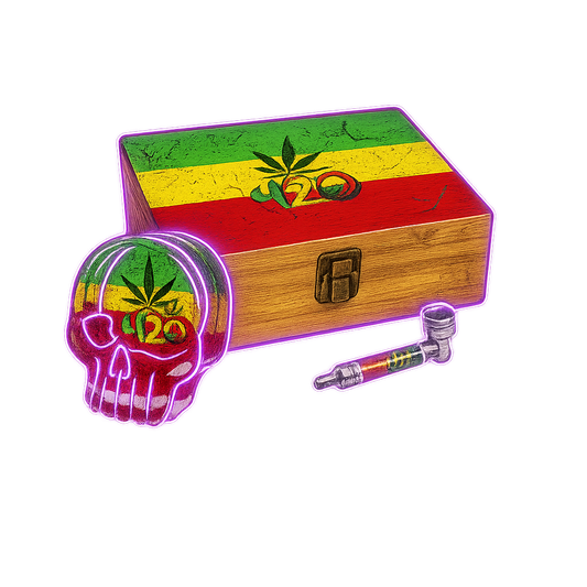 Kit Fumeur 420 Leaf – Boîte avec cendrier et pipe (bois, design Rasta Leaf)